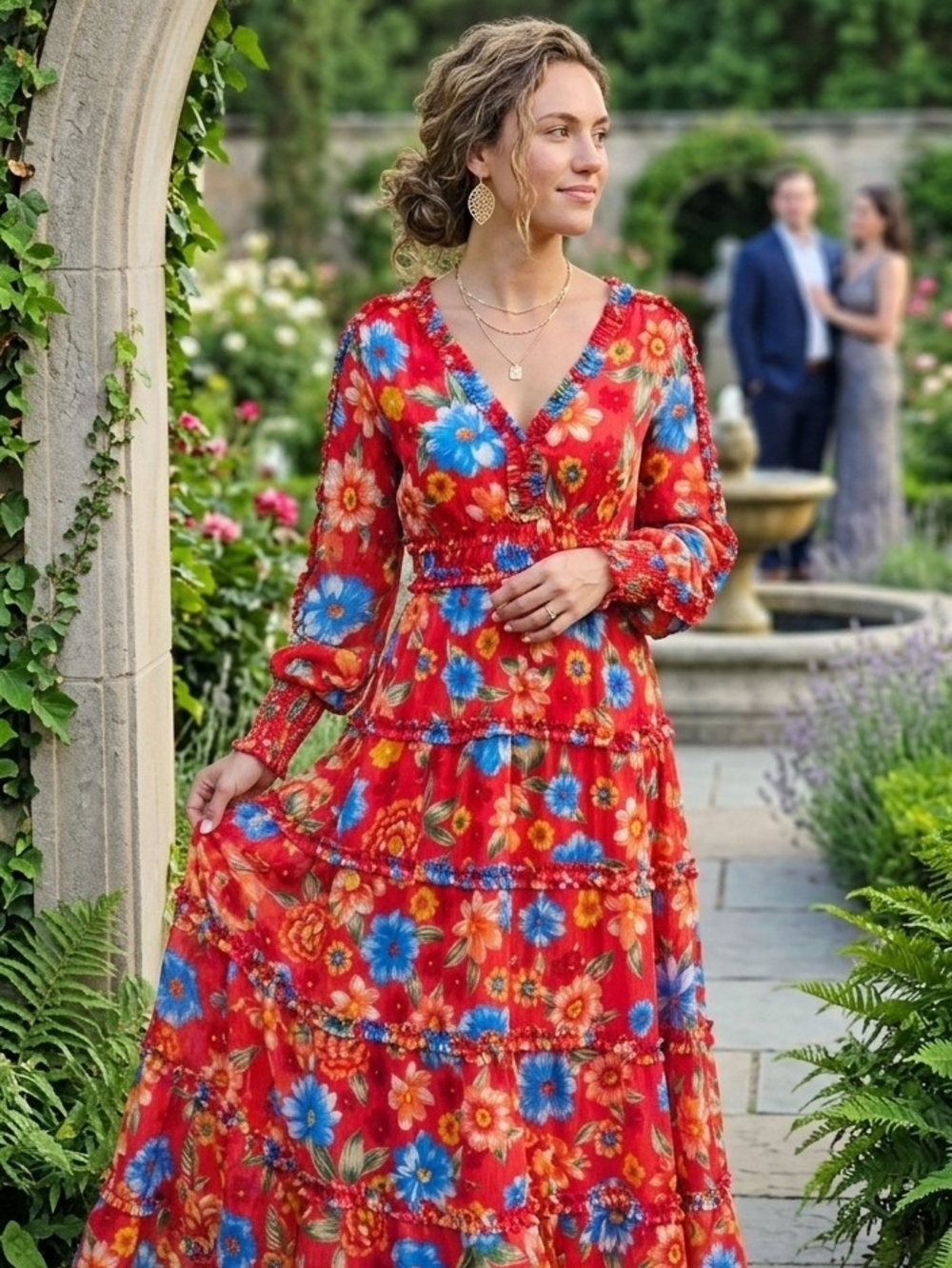 Chelsea & Violet Red Floral Long-Sleeve Tiered Maxi Dress